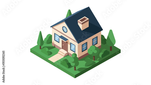 Isometric House with Green Yard and Trees.