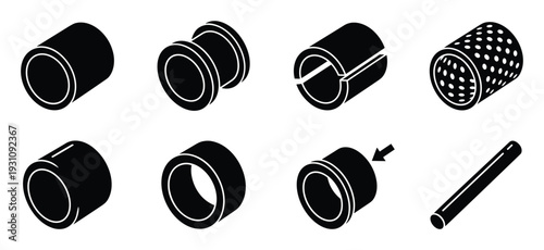 Set of industrial bushing types, including split, flanged, perforated, and plain bearings, detailed isometric illustrations