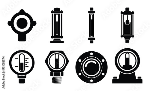 Set of industrial gauges and indicators vector black illustration, pressure and level measurement devices isolated.