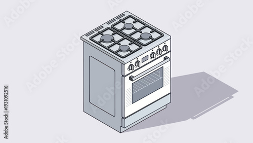 Isometric illustration of a modern gas stove with four burners and an oven door.