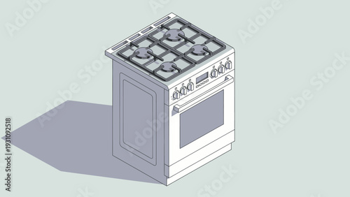 Isometric illustration of a modern white gas stove with oven and four burners.