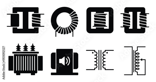 Set of Transformer Icons, Black Silhouette Illustrations, Power Supply, Electrical Components, Inductors, Circuitry Symbols
