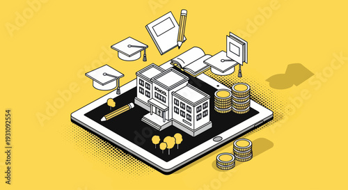 Isometric illustration of a school building on a tablet with graduation caps and coins.