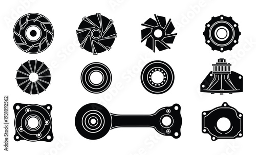 Set of twelve mechanical parts, engine components, vector design elements for automotive, engineering, and industrial projects
