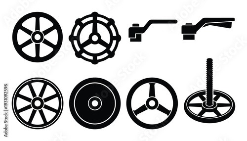 Set of valve wheels vector illustration. Black and white industrial valve handwheels controls with handles design