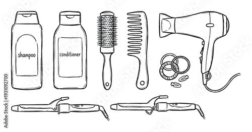 Shampoo, conditioner, hairbrush, comb, hair dryer, hair ties, clips, and curling irons outline
