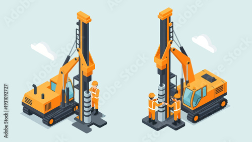 Isometric illustration of two heavy-duty drilling rigs for construction and industrial applications.