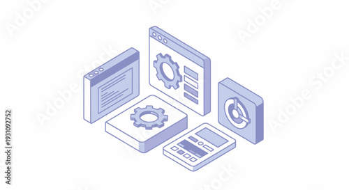 Isometric illustration of web pages and settings icons representing software development and optimization.