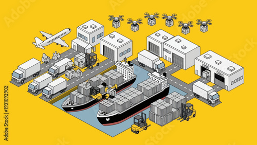 Isometric Logistics Hub with Ships Planes Trucks and Drones.