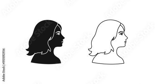 Dual profile illustration of female faces in black and white Vector