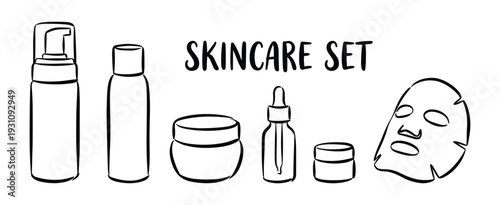 Skincare set illustration, cosmetic products collection, facial mask, serum bottle, cleanser, beauty cream vector