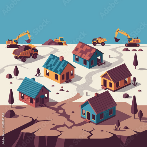 Houses on Cracked Ground with Excavators.
