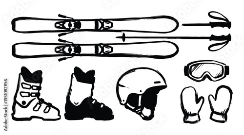 Skiing gear vector illustration with skis, boots, helmet, goggles and mittens for winter sports and outdoor activities