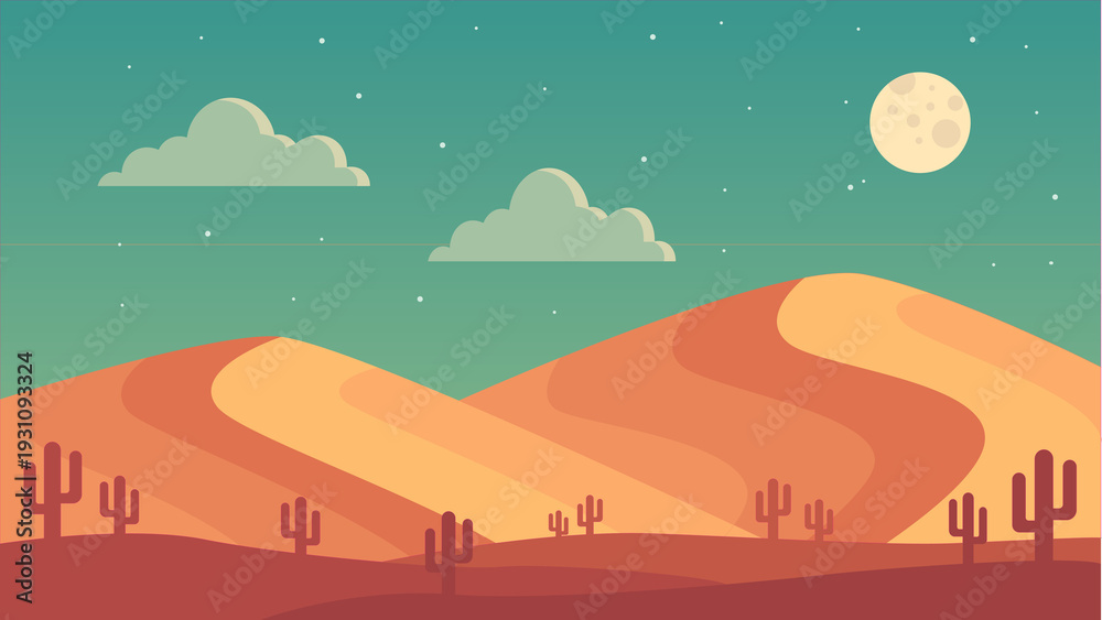 Naklejka premium A serene desert landscape at dusk with cacti under a starry sky and full moon.