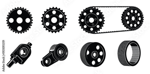 Sprockets gears chain pulleys levers and bearing components engineering detailed vector illustration