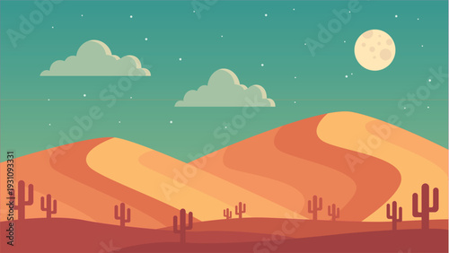 Desert landscape illustration with cacti, dunes, and stars under a full moon