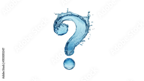 Blue water question mark symbol with droplets splash isolated on a transparent background