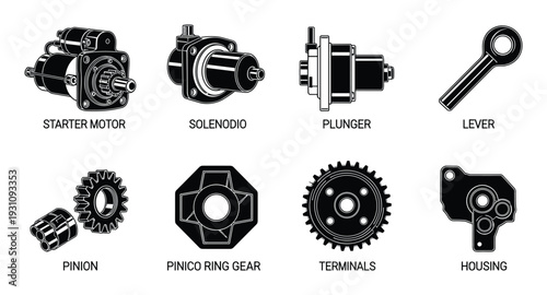 Starter motor parts detailed vector illustration including solenoid, plunger, lever, pinion, ring gear, terminals and housing