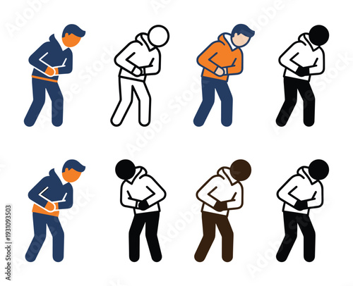 Stomach ache icons of people clutching abdomens in pain. Abdominal discomfort, various style and color human figures.