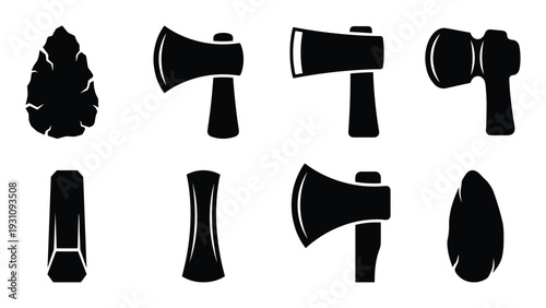 Stone age tools and axes vector set. Prehistoric stone tools and metal axes evolution from stone tool to metal axe