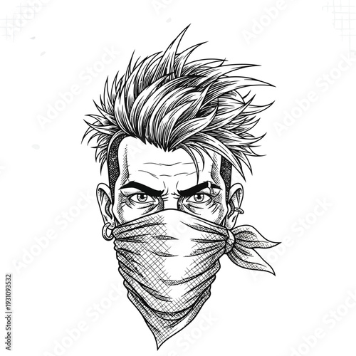 Gritty Man with Bandana Mask and Spiky Hair - Intense Urban Engraving Illustration