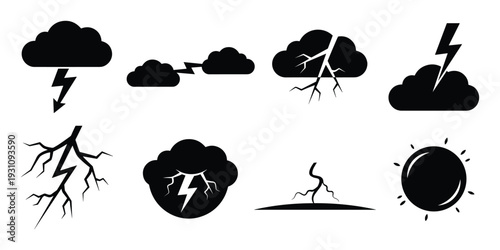 Storm cloud lightning illustrations set. Weather forecast signs and symbols. Thunderstorm collection clip art.