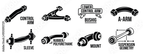 Suspension System Parts Vector Illustration: Control Arm, A-Arm, Bushig, Sleeve, Mount, and Suspension Geometry