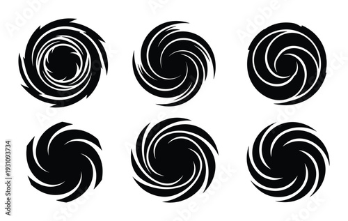 Swirls icons, abstract black swirls, rotating abstract shapes, hurricane or cyclone shapes, vector designs.