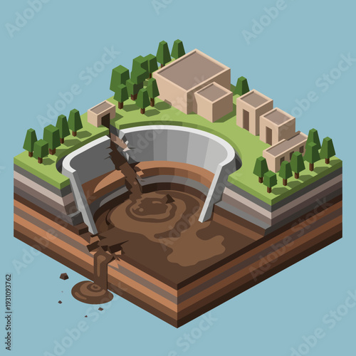 Isometric Illustration of Sewage System and Buildings.
