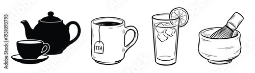 Tea set and drink illustrations featuring teapot, teacup, tea mug, and iced drink with lemon
