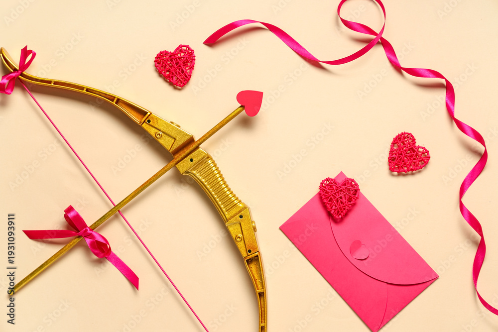 Obraz premium Composition with cupid's bow, envelope and hearts on color background. Valentine's Day celebration