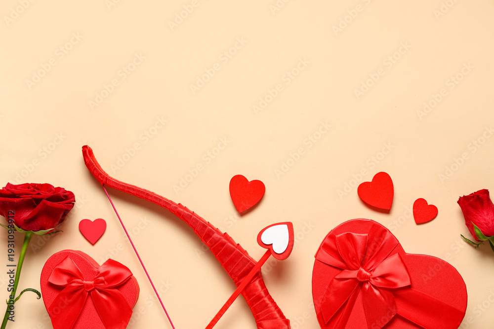 Obraz premium Composition cupid's bow, gift boxes and rose flowers on color background. Valentine's Day celebration