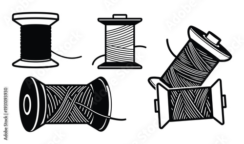 Thread spools vector illustration, various thread spools, sewing, needlework, crafting, black and white line art