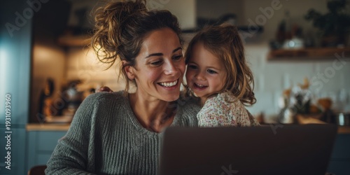 Joyful mother working from home on laptop in cozy kitchen while playing with daughter, enjoying family life and togetherness in productive environment