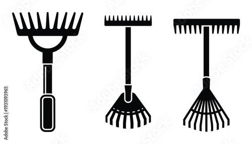 Three garden rakes in different styles, silhouette vector illustration for gardening and lawn care