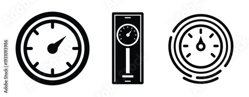 Three gauges black vector icons with circular dials, speedometer symbols, dashboard instruments, measurement elements.