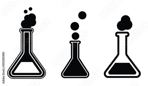 Three laboratory flasks with bubbling liquids, chemical reactions, science experiment, isolated on white background.