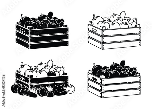 Tomatoes and eggplants in wooden crates line art vector illustration