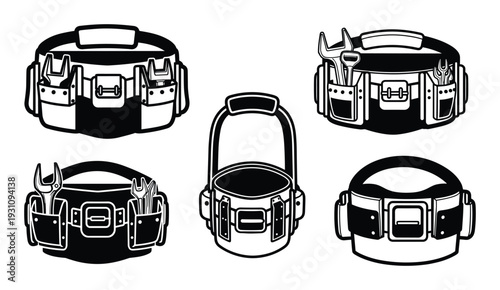 Tool belts collection vector illustration, various styles of tool belts with pockets, tools, and adjustable straps