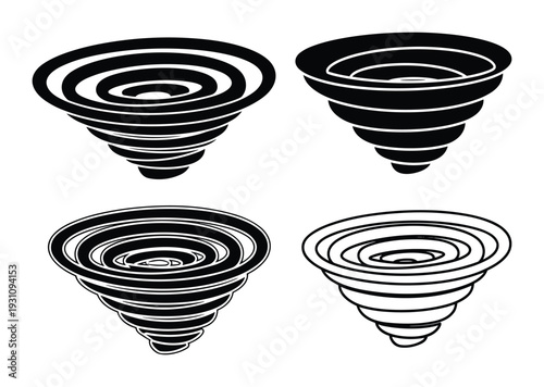 Tornado swirl funnel cyclone graphic black and white vector illustrations set.