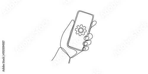 Minimalist line drawing of a hand holding a smartphone with a gear icon on the screen Vector, illustration