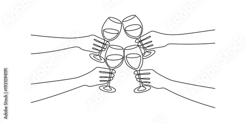 Minimalist line art illustration of four people clinking wine glasses together for a celebratory toast. Vector, illustration