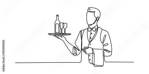 Continuous line drawing of a professional waiter carrying a tray with a bottle and glasses. Vector, illustration