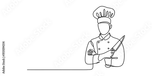 Minimalist continuous line drawing of a professional chef holding a large kitchen knife Vector, illustration