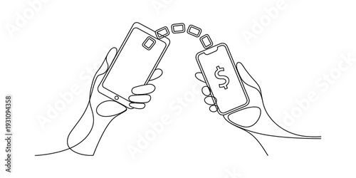 Continuous line drawing of hands holding smartphones for digital money transfer and mobile payment Vector, illustration