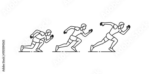 Minimalist line art illustration showing the sequential stages of a male runner starting a sprint Vector, illustration