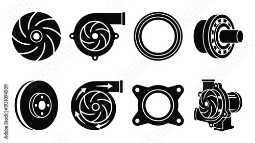 Turbocharger components vector icons set, turbo rotor, pump, bearing, and engine parts illustration