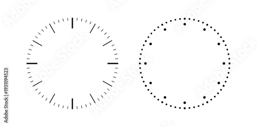Two Clock faces with different markings, time illustration, black and white clock dials, watch graphics, blank clock templates
