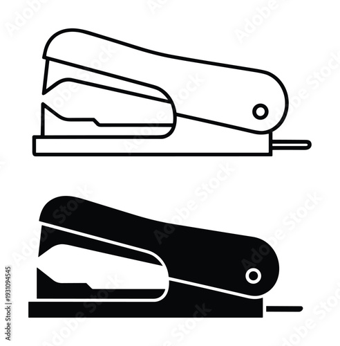 Two stapler illustrations, office supply vector icon and solid black silhouette