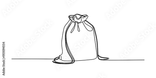 A simple continuous line drawing of a drawstring sack or pouch on a white background. Vector, illustration